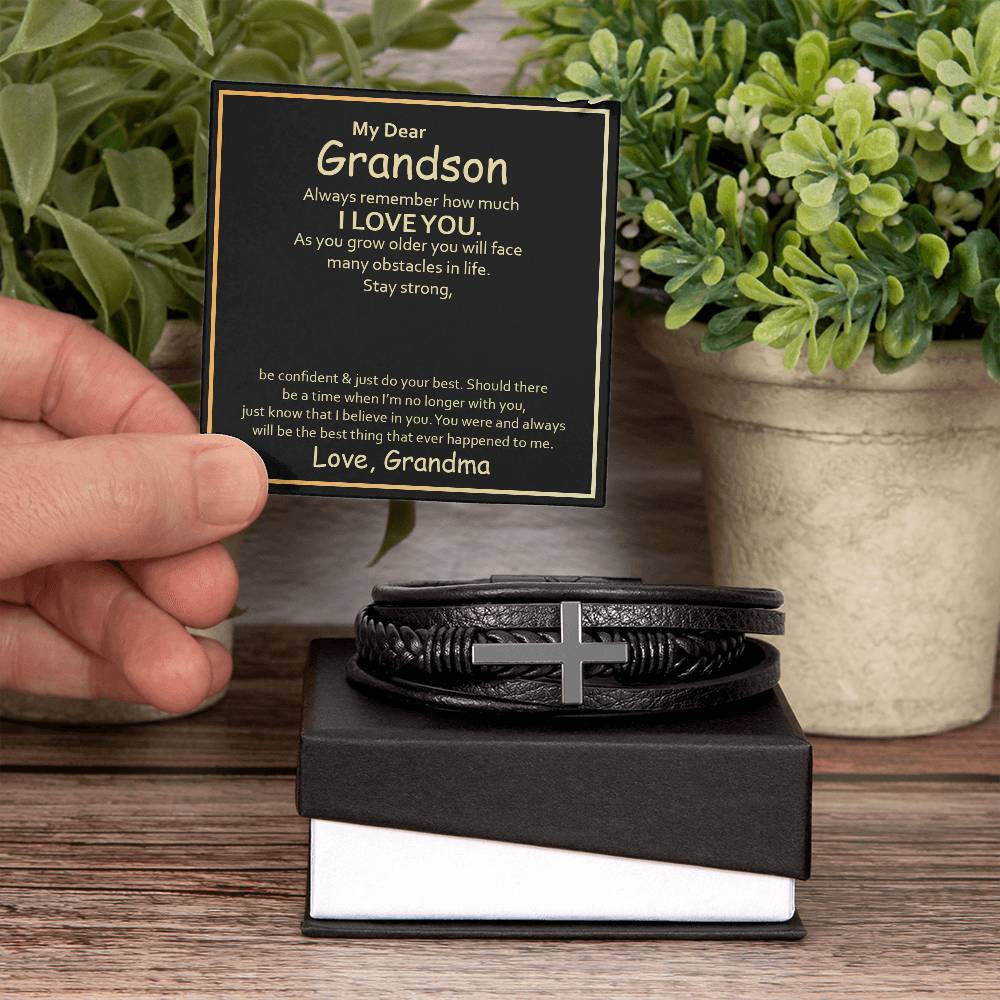 To My Grandson Always Remember How Much I Love You Men's Cross Bracelet - Vegan Leather with Stainless Steel