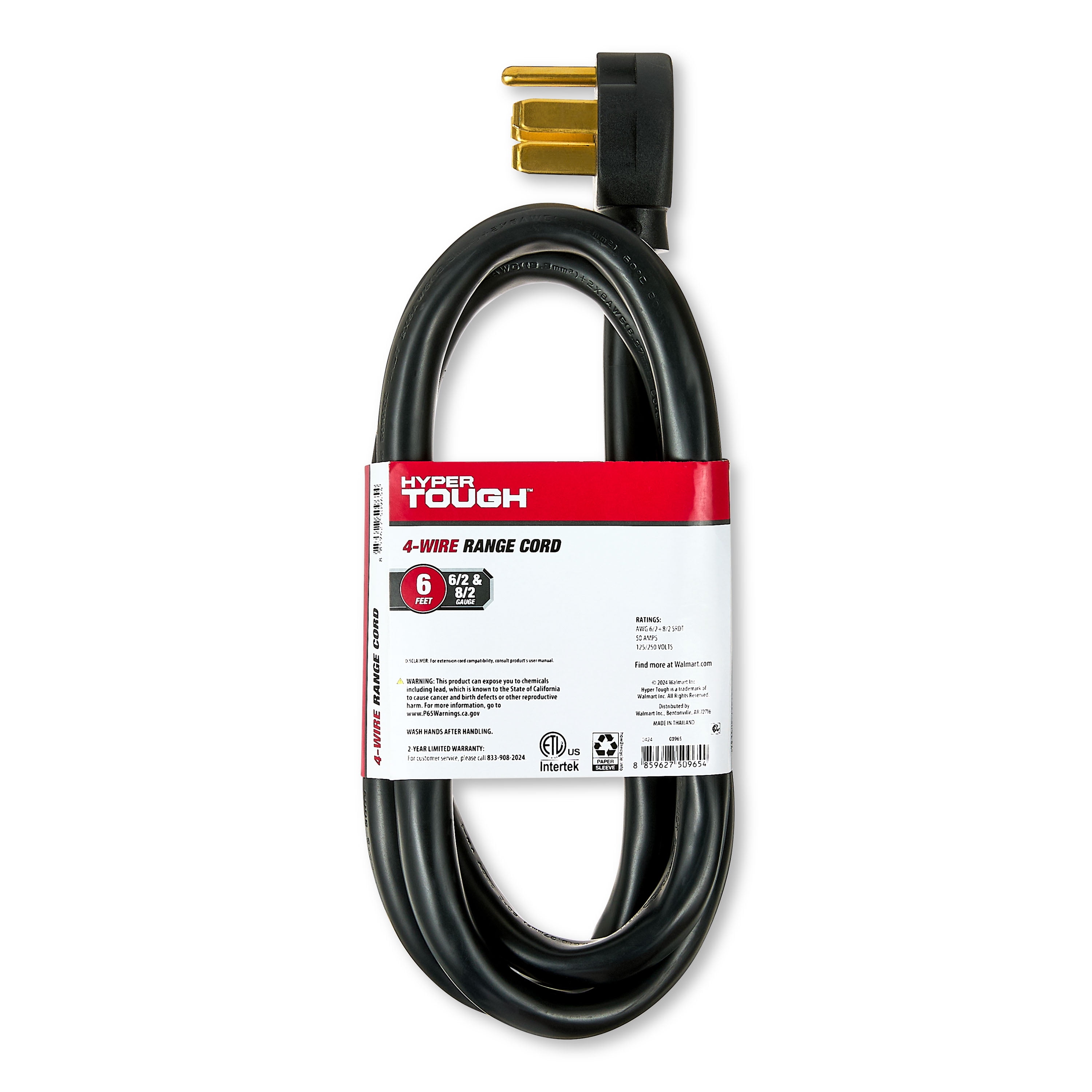 Hyper Tough 6-Foot 4-Wire Range Cord, Black, Right-angle Plug, 125V/250V, 50A