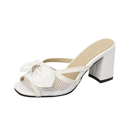

Gzea Travel Slippers For Women Ladies Fashion Solid Color Breathable Hollow Mesh Bow Thick High Heeled Open Toe Sandals White 39