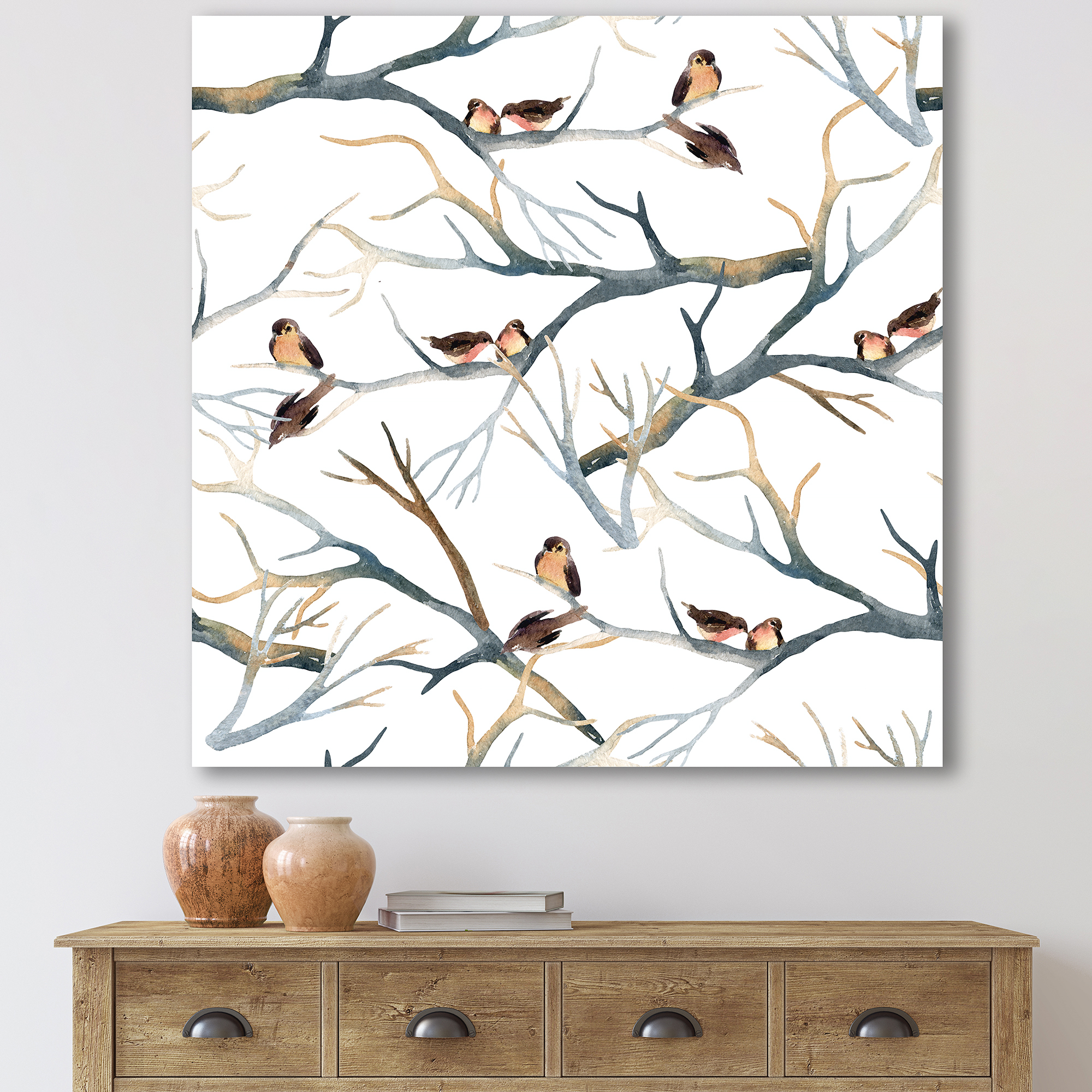 Little Birds Sitting On The Tree Branches I 30 in x 30 in Painting Canvas Art Print, by Designart