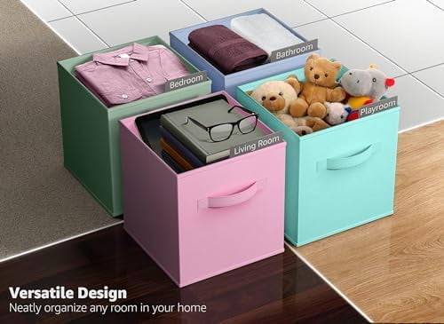 Fabric Storage Cubes - 6 Foldable Storage Bins for Organizing Pantry, Cubbies, Toy Box - Clothes Storage & Closet Organizer - 11 Inch Collapsible Cube Baskets for Shelves with Handle