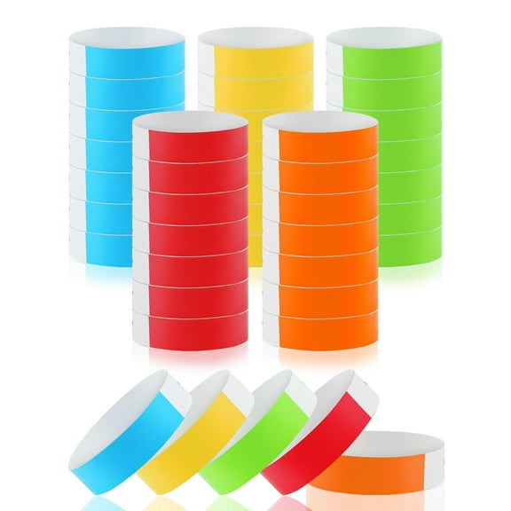 500 Pcs Disposable Wristbands, Paper Wrist Bands for Events Parties Concerts Festivals, Adhesive VIP Bracelets, 5 Colors Red Yellow Orange Neon Green Neon Blue