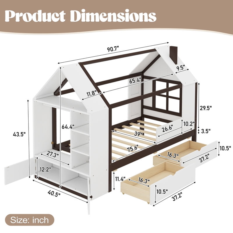 Twin Size House Platform Bed with Storage, Solid Wood House Bed with Drawers & Shelves, Solid Wood Platform Bed with Cabinet & Wardrobe, White & Espresso