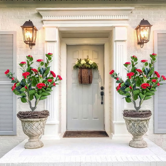 Qinaqin 4 Pack de 35in Artificial Camellia con Ground Spike Fake Silk Topiary Trees para Hogar Profundidadcor Garden Patio y Indoor Use Rojo Color