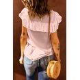 thumbnail image 1 of ABPHQTO Camiseta de manga corta con volantes y empalme de encaje rosa para mujer, 1 of 5