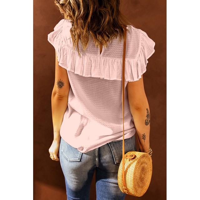 ABPHQTO Camiseta de manga corta con volantes y empalme de encaje rosa para mujer