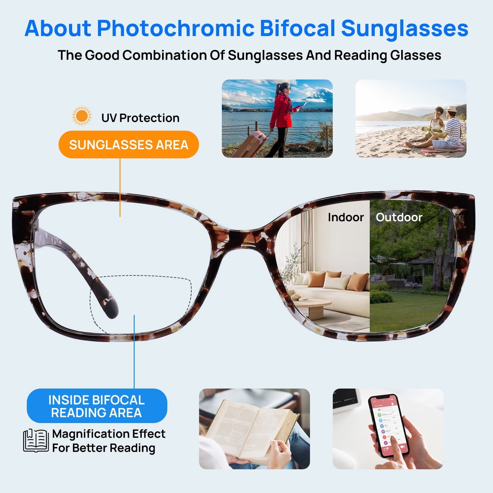 OCCI CHIARI Photochromic Bifocal Reading Glasses for Womens,Large Square Blue Light Blocking & UV400 Protection Sunglasses Readers 100 150 200 250 300 350 400(Brown +2.50)