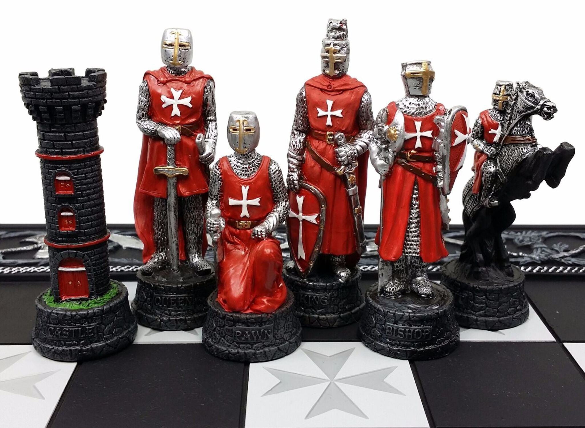Medieval Times Crusades Red  White Armored Maltese Knights Chess Set 17" Board