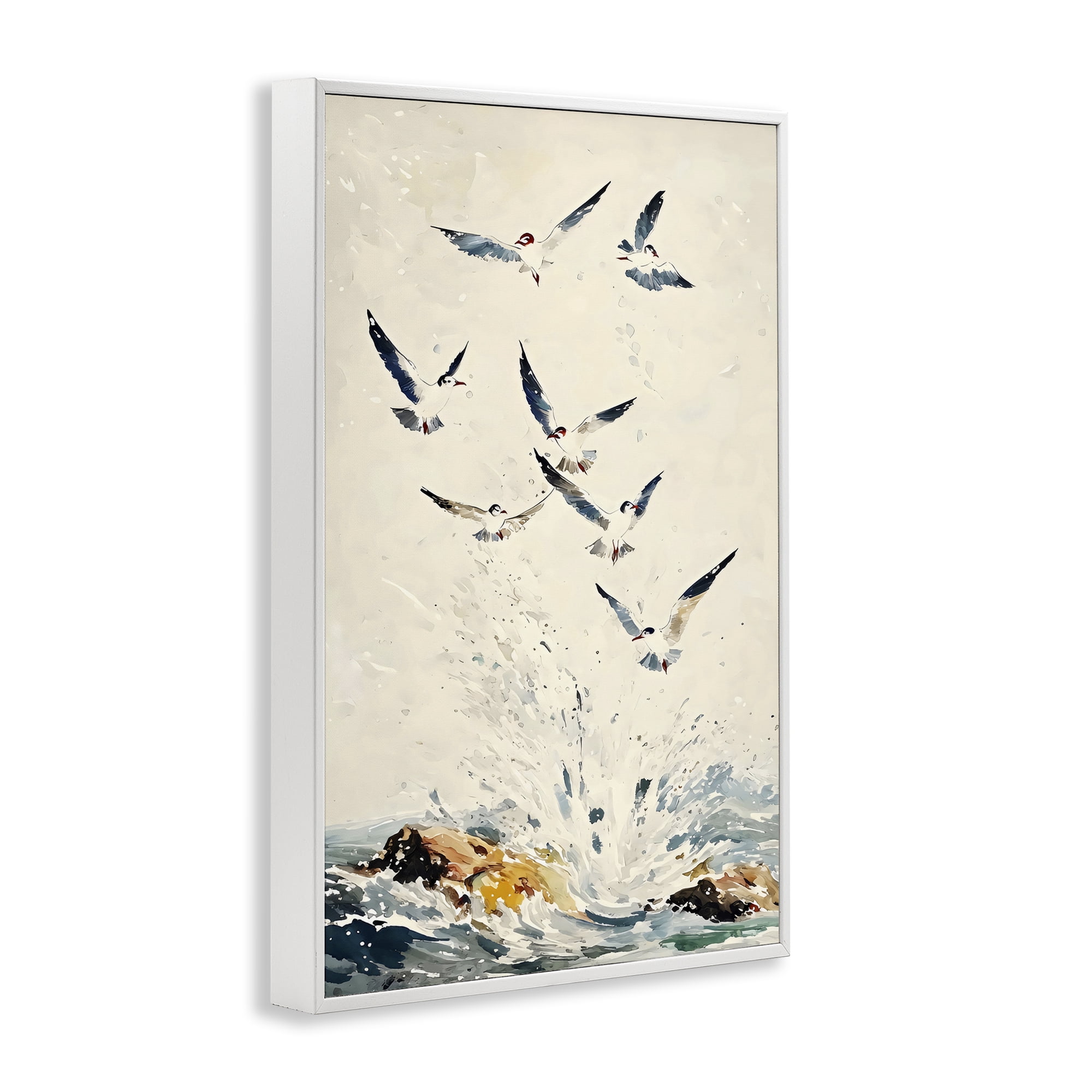 Stupell Industries Waves of Seagulls over Rocks White Framed Giclee Art, design by Creative Studio