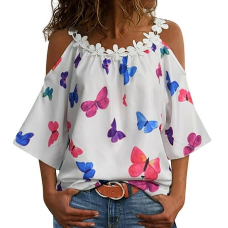 

JDEFEG 100 Percent Cotton Tops for Women Women Printed Top Shirts Strap Lace Collar Loose Shirt Loose Vest O Neck Top Shirt Top Bra Top Shirts Polyester Spandex White S