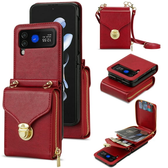 ELEHOLD Crossbody Wallet Case for Samsung Galaxy Z Flip 3,Premium Leather Case with Card Holders Zipper Pocket Metal Snap Detachable Shoulder Strap Luxury Full Body Protection Case for Women,Red