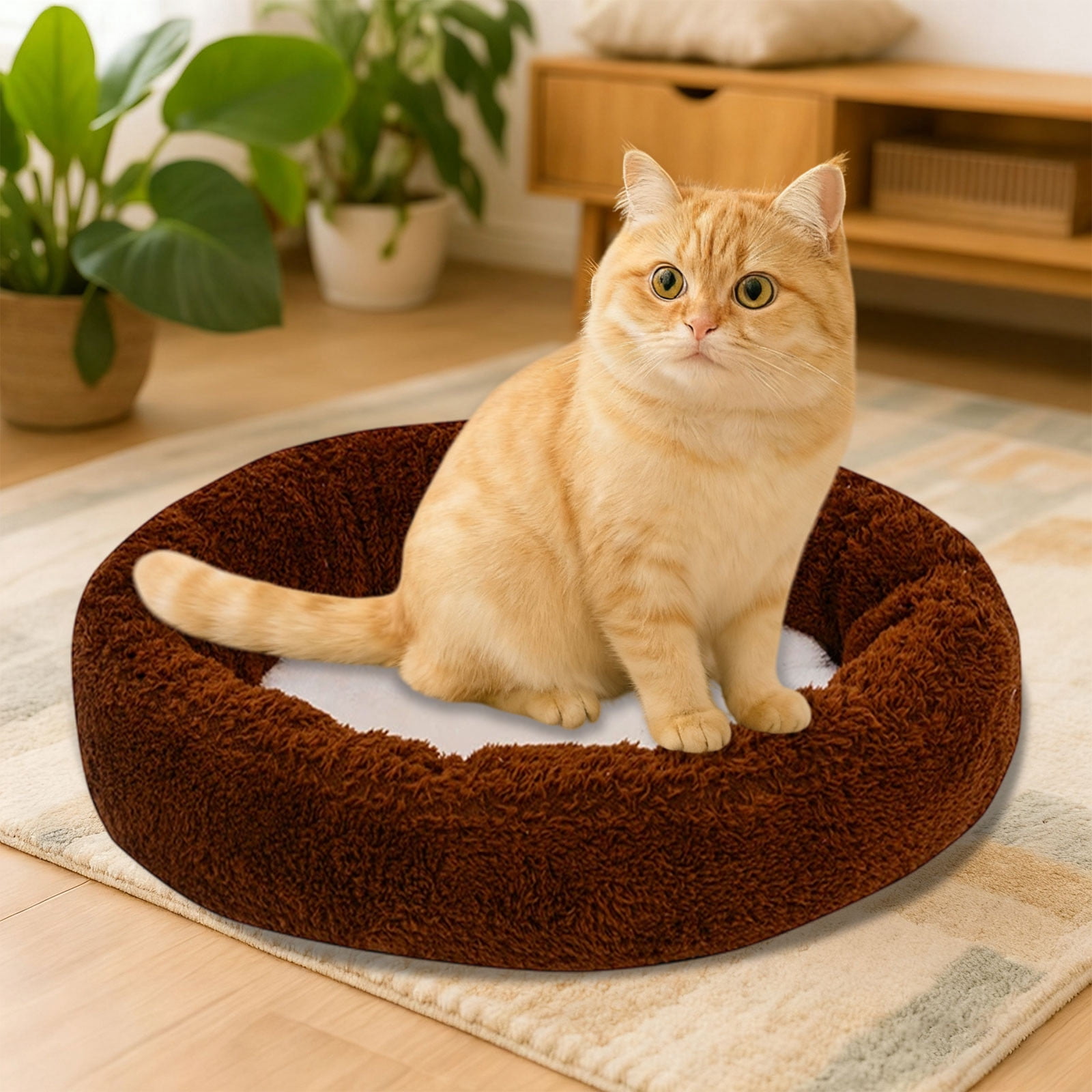 Hxlamzoo Thickened Flock Pet Bed for Cats and Dogs, Soft Warm Kennel Mat with Semi-Enclosed Design, 15.75x13.78x3.94 Inch Cozy Sleeping Pad for Indoor Winter Use, Brown/Gray