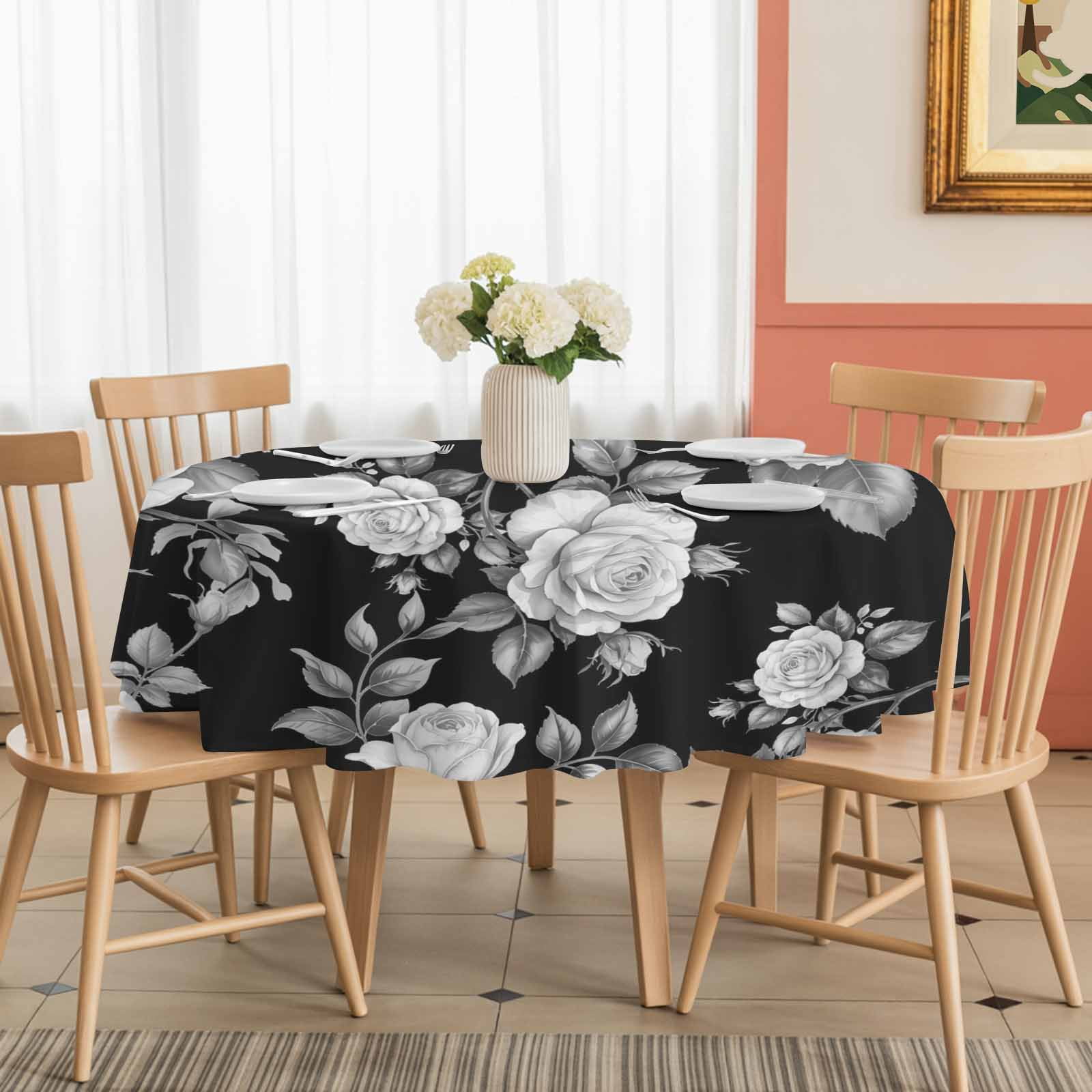 Round Tablecloth Black Floral Rose Waterproof Oil Proof Polyester Table Cloth Cover Decor for Home Dining Outdoor,Patio,Parties, 60" Dia. Vintage Leaf Flower