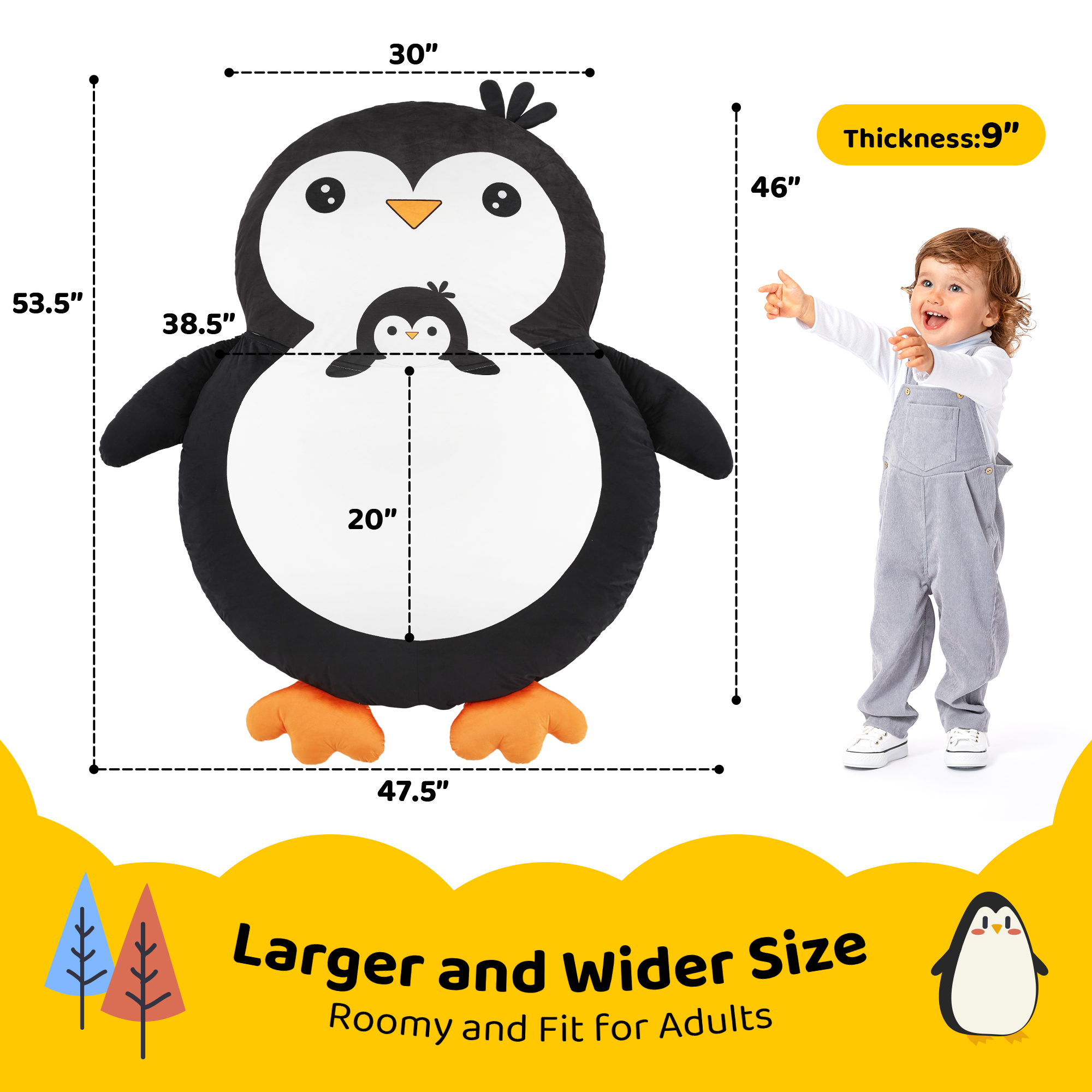 Hobestluk Bean Bag Chairs Bean Bag Floor Cushion Sleeping Mat Bean Bag Chair for Adults Beanbag Lounger for Living Room Bedroom or Playroom (Black, Medium, Penguin)