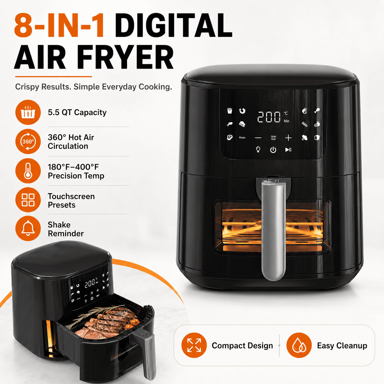 COMHOMA 5.5 QT Air Fryer, 8-in-1 Digital Countertop Air Fryer with Touchscreen, 360° Hot Air Circulation, Shake Reminder, Nonstick Dishwasher-Safe Basket