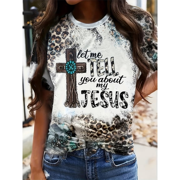 MORTTIC Women's Let Me Tell You About My Jesus Letter & Cross Print T-Shirt, Casual Vintage Leopard Short Sleeve Tee
