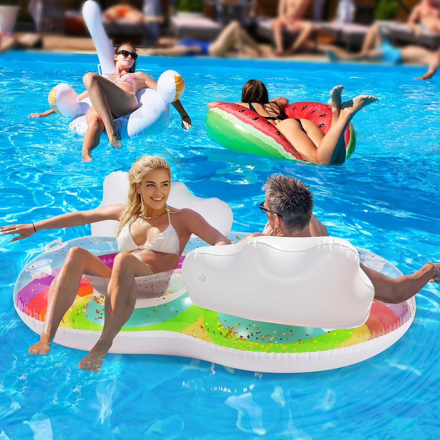 HEY!SPLASH Pool Floats Adult, 2 Seat Inflatable Rainbow Float with Cloud Backrests and Handles, Pool Float with Cup Holders for Family/Friends/Couple, Pool Float Chair for Beaches, Pool Parties