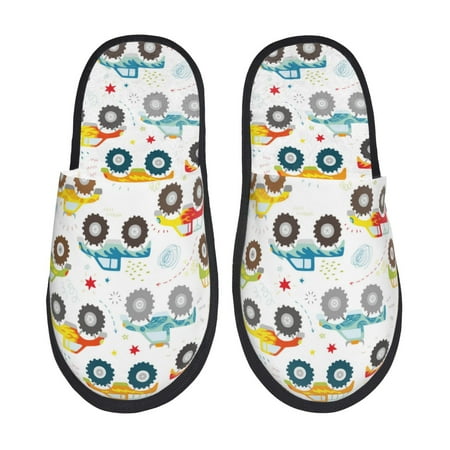 Balery Cartoon Monster Trucks Slient Indoor Furry Fleece Comfort House Shoes Soft Non-Slip Home Shoes Cotton slippers House Slippers-- Large