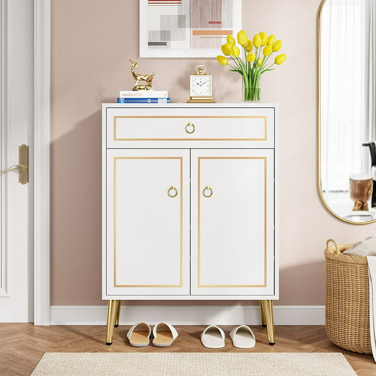 Modern White with Gold Accent Shoe Rack for Entryway