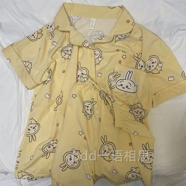 Pijama de Chiikawa de dibujos animados de Anime Kawaii para mujer, pantalones cortos de manga corta finos de verano, conjunto de ropa para el hogar, pijama estampado, regalo
