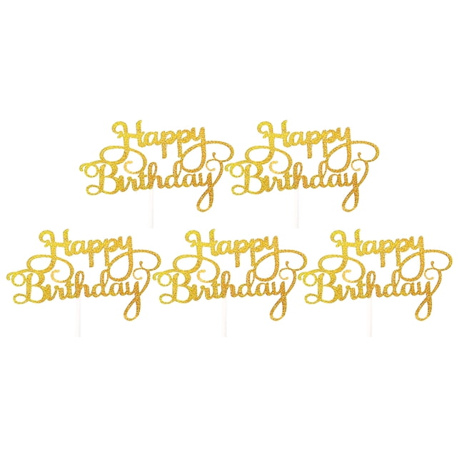 happy birthday glitter cake topper - 5pcs, brillo de doble cara y personalizable para decoraciones de fiesta dorado: cinco toppers con "Happy Birthday" en letras cursivas recortadas sobre pinchos blancos, papel brillante de doble cara visible, sin montar para ajustar altura y colocación.