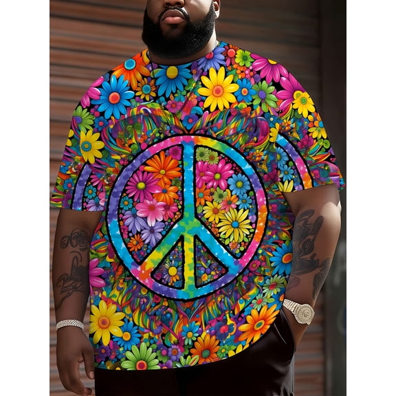 Color peace logo flower pattern tie-dye T-shirt, men's summer casual short-sleeved printed T-shirt, hipster hippie style fashion top, plus size