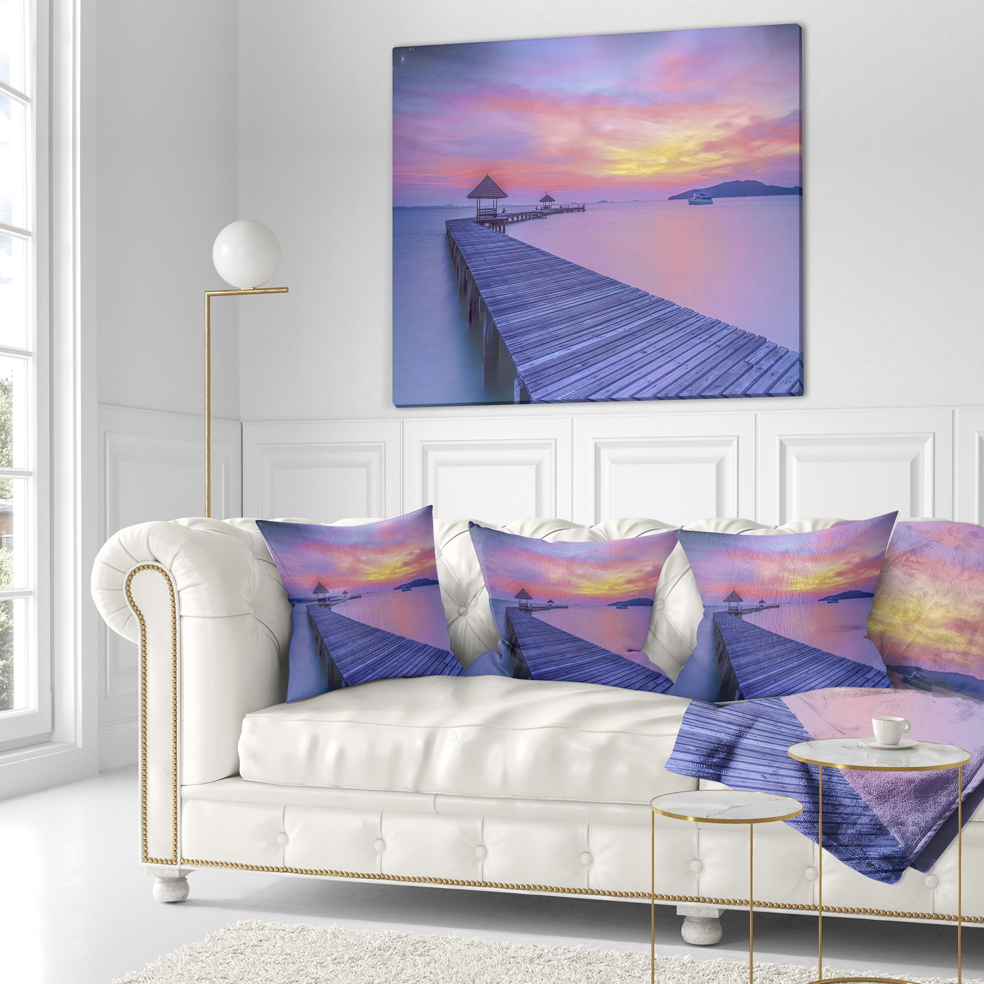Designart Long Wooden Bridge into the Sunset - Pier Seascape Throw Pillow - 18x18