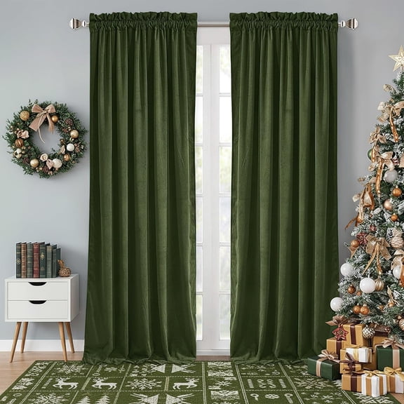 Moss Green Soft Velvet Thermal Insulated Privacy Drapes, Noise Reducing Curtains, 2 Panels, 52" x 92"