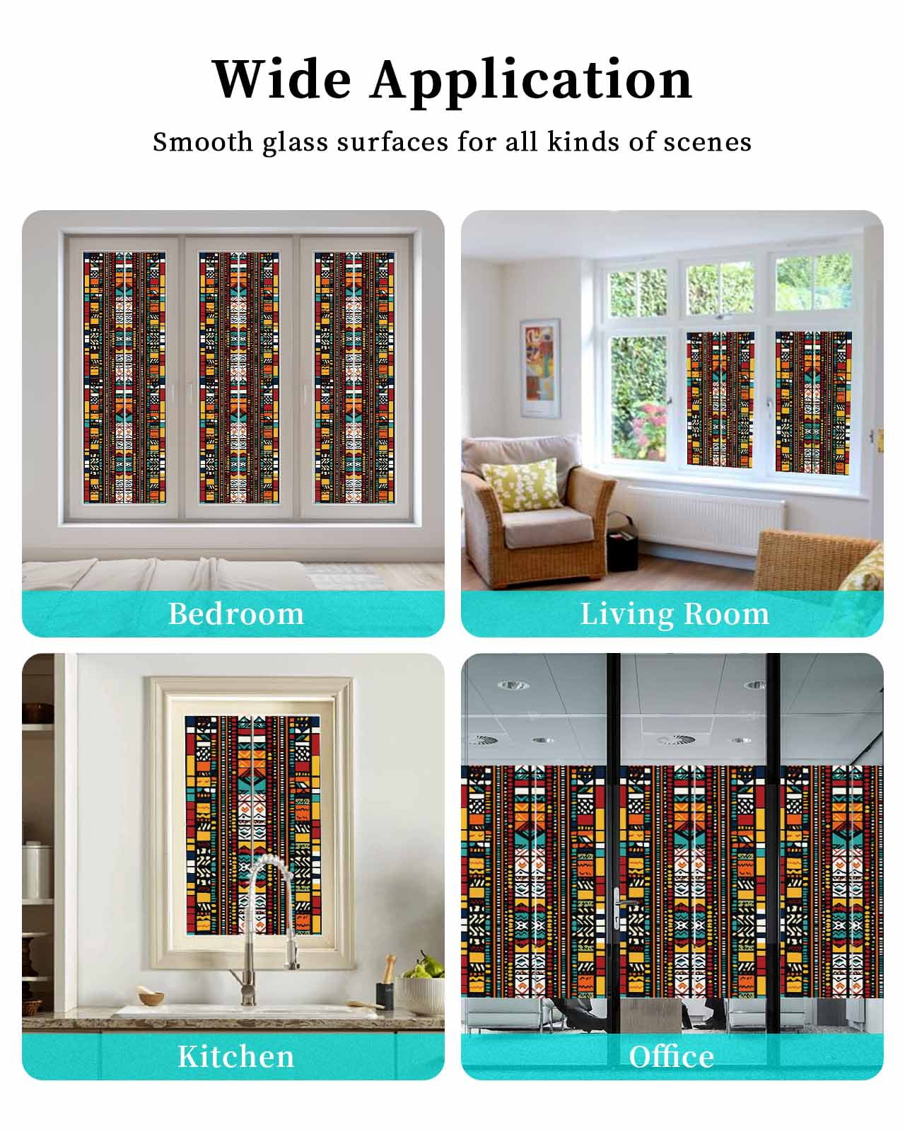 Window Privacy Film Colorful Boho Stained Glass Window Film Decorative Sun Block Window Cover Farmhouse Abstract Geometric Ethnic Art Window Clings Static Adhesive Sticker for Bathroom 23.6"x59"