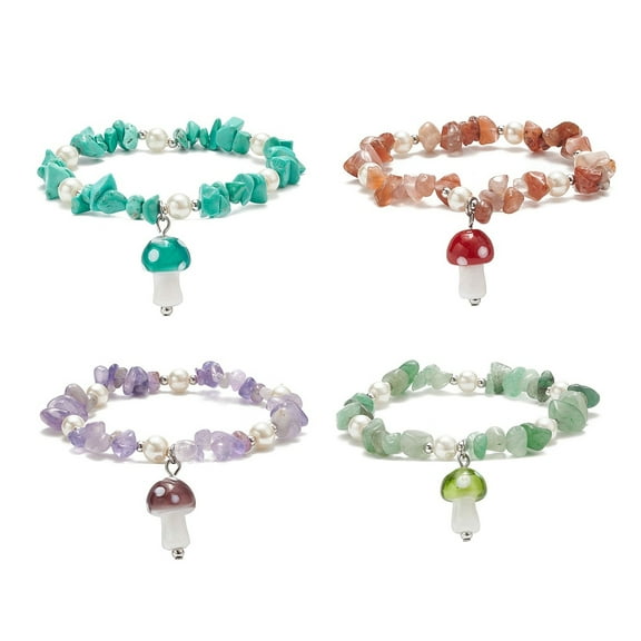 3 set 4pcs 4 style Natural & Mixed Gemstone Chips & Glass Pearl Beaded Stretch Bracelets set Lampwork Mushroom Charms Stackable Bracelets for Women Inner Diameter: 1-7/8 inch(4.8cm) 1pc/style