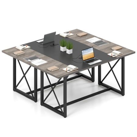 Costway 2 PCS Conference Table with Power Outlets Thickened Top & Heavy-duty Metal Frame Gray Oak