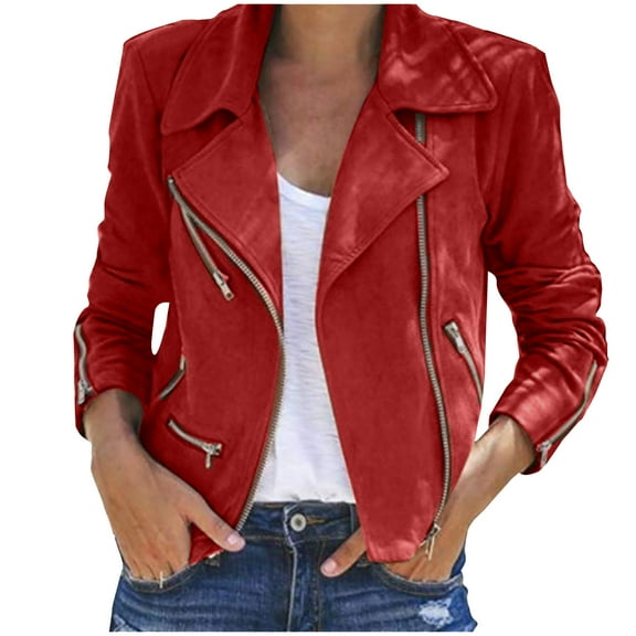 YODETEY Womens Winter Ladies Vintage Zipper Bomber Jacket Casual Coat Outwear Red 8(L)