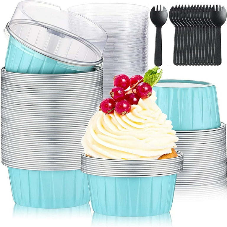 50 Pack Disposable Cups - Aluminum Foil Cupcake Liners Baking Cups with  Lids and Sporks for Desserts - Oven Safe - Blue 