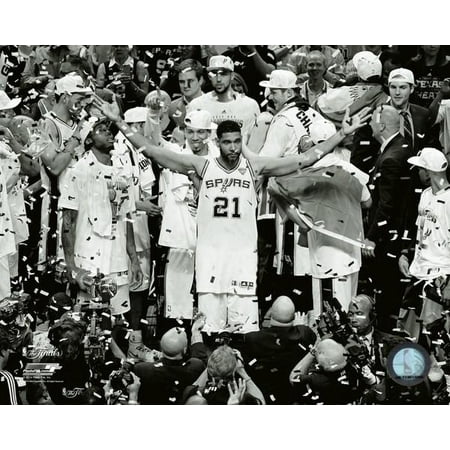 Tim Duncan Celebrates Winning Game 5 of the 2014 NBA Finals Black & White Photo