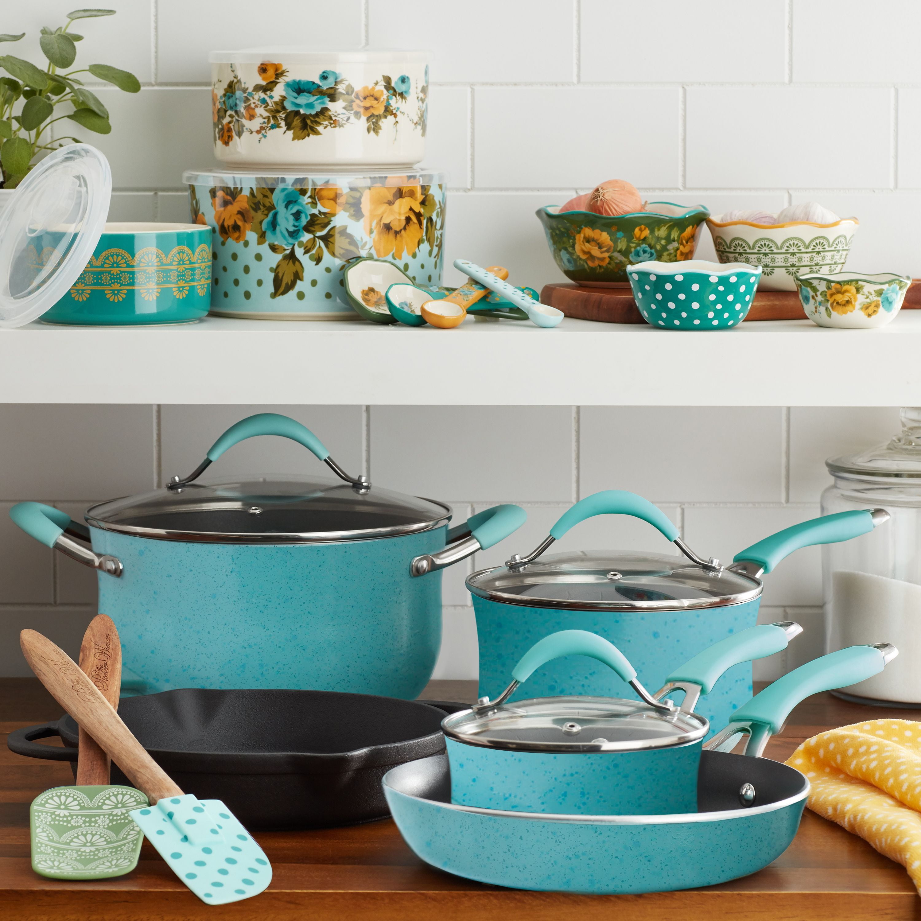 The Pioneer Woman Frontier Speckle 24 Piece Cookware Food Storage Combo Set Turquoise Walmart Com Walmart Com