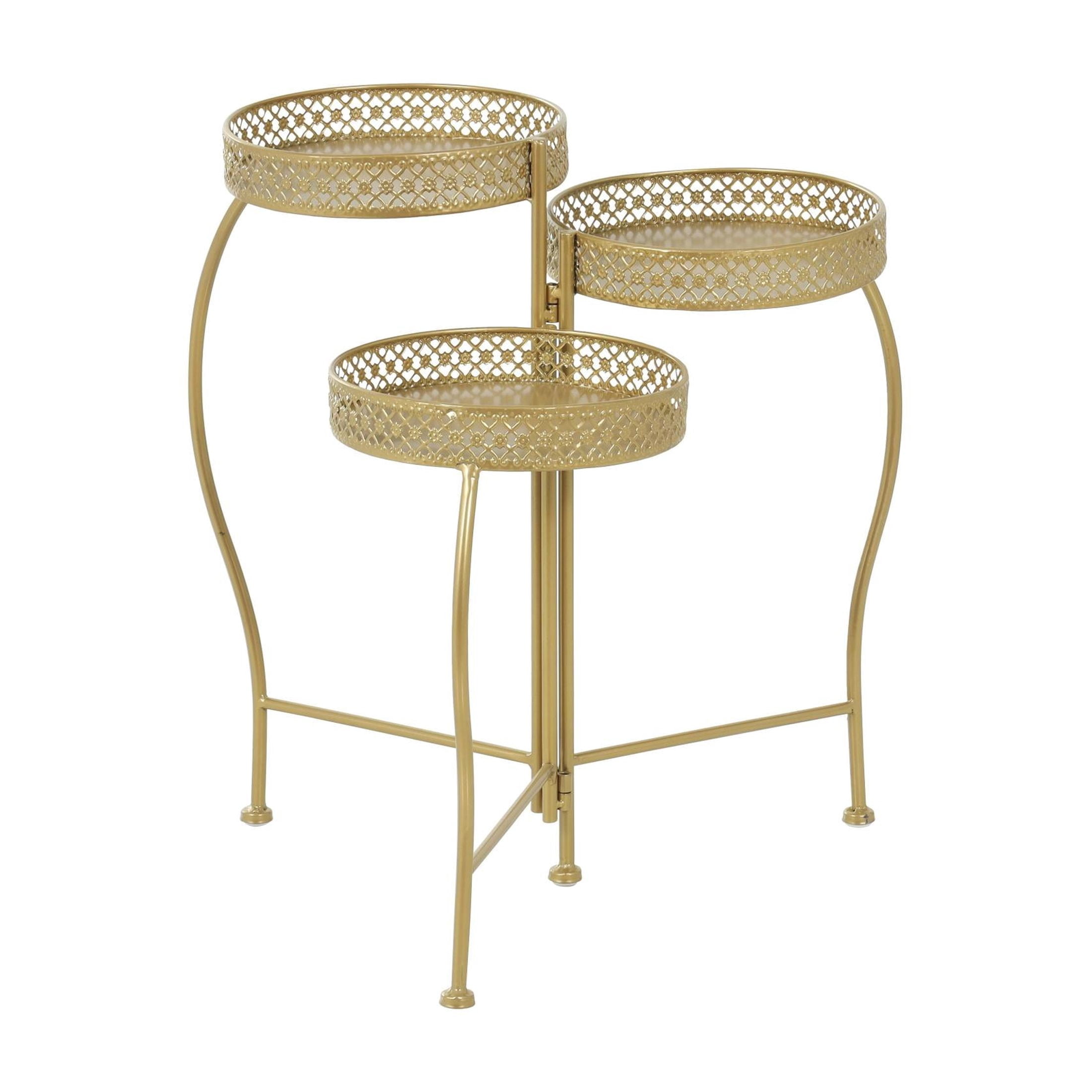 DecMode 17" x 17" x 20" 3 Tier Gold Metal Curved Folding Plantstand with Floral and Scroll Patterns