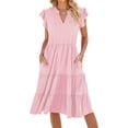 thumbnail image 3 of Women'S Summer Dress V Neck Short Sleeve Midi Sundress Flowy Tiered Beach Dresses with Pockets Pink M, 3 of 9