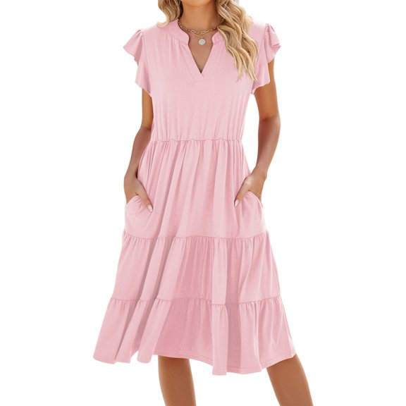 Women'S Summer Dress V Neck Short Sleeve Midi Sundress Flowy Tiered Beach Dresses with Pockets Pink S