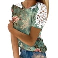 thumbnail image 1 of Camisas de Manga Corta para las Mujeres Impresión Cuello Redondo Suéter Encaje Camisa, Blusa de Verano Casual para las Mujeres, 1 of 5