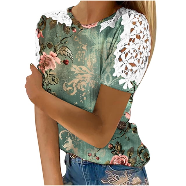 Camisas de Manga Corta para las Mujeres Impresión Cuello Redondo Suéter Encaje Camisa, Blusa de Verano Casual para las Mujeres
