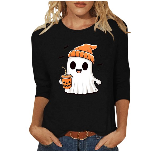 successthop Womens Halloween Clothes Ghost 3/4 Sleeve Crewneck Tee Happy Holiday T shirt Fall Festival Plus Size Tops