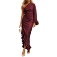 thumbnail image 5 of Karymi Wedding Guest Dresses for Women Satin One Shoulder Long Dress, Single Flare Ruffle Sleeve Waist Ruched Asymmetrical Split Ruffle Hem Wedding Evening Cocktail Gown Summer Dress, 5 of 7