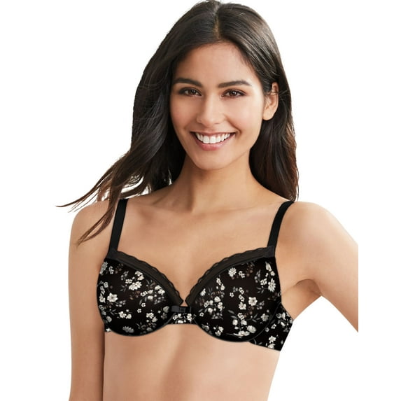 Women's Hanes HU30 Silky Smooth Comfort Unlined Underwire Bra (Black Floral 34DD)