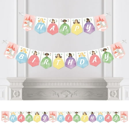 Big Dot of Happiness Princess Happy Birthday Party Banner, Pastel Colorful Princess Dress Characters Party Decorations - Happy Birthday Bunting Banner