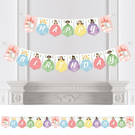 Big Dot of Happiness Princess Happy Birthday Party Banner, Pastel Colorful Princess Dress Characters Party Decorations - Happy Birthday Bunting Banner