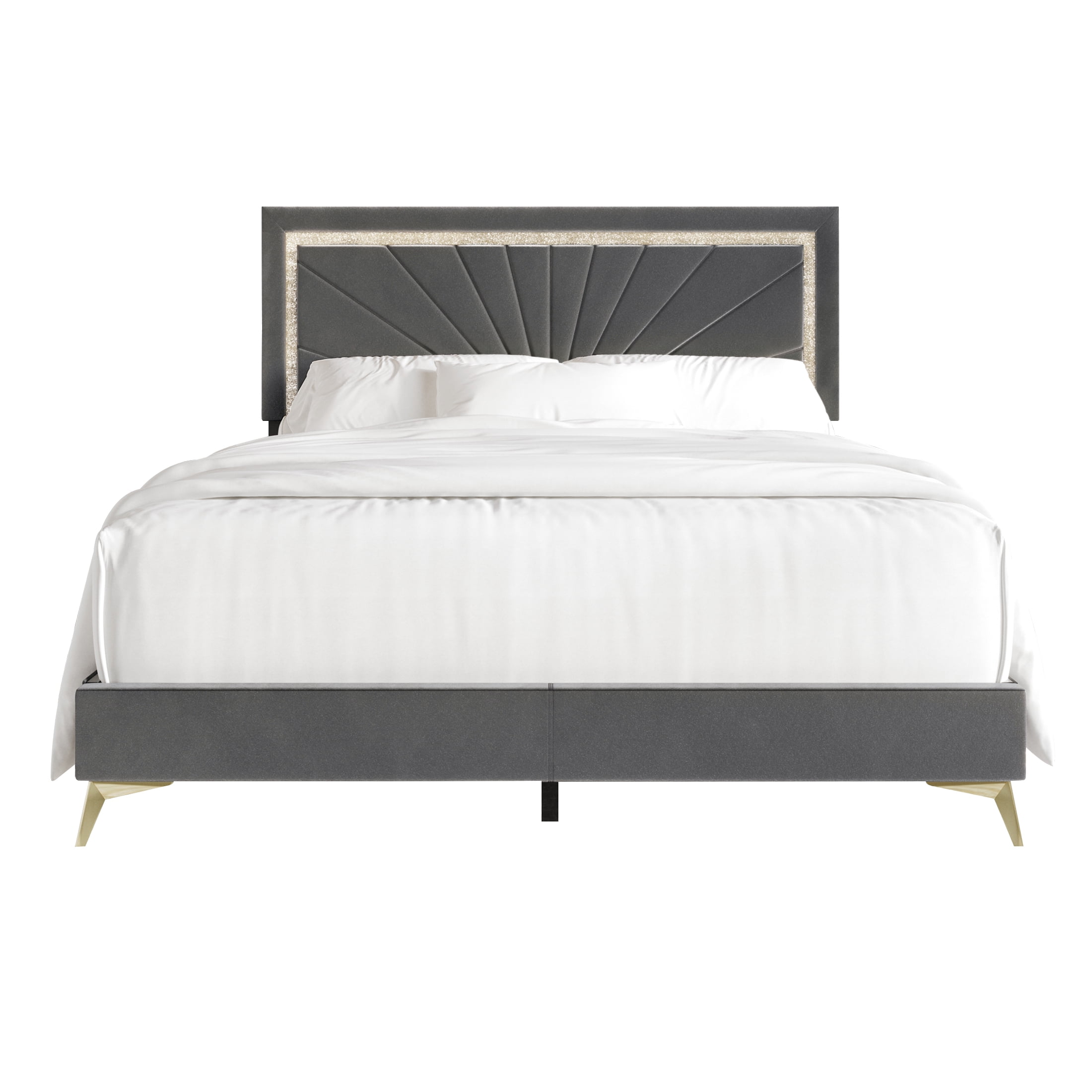 Castle Place Luxurious Diamond Strip Velvet Upholstered Bed Light Grey, Twin