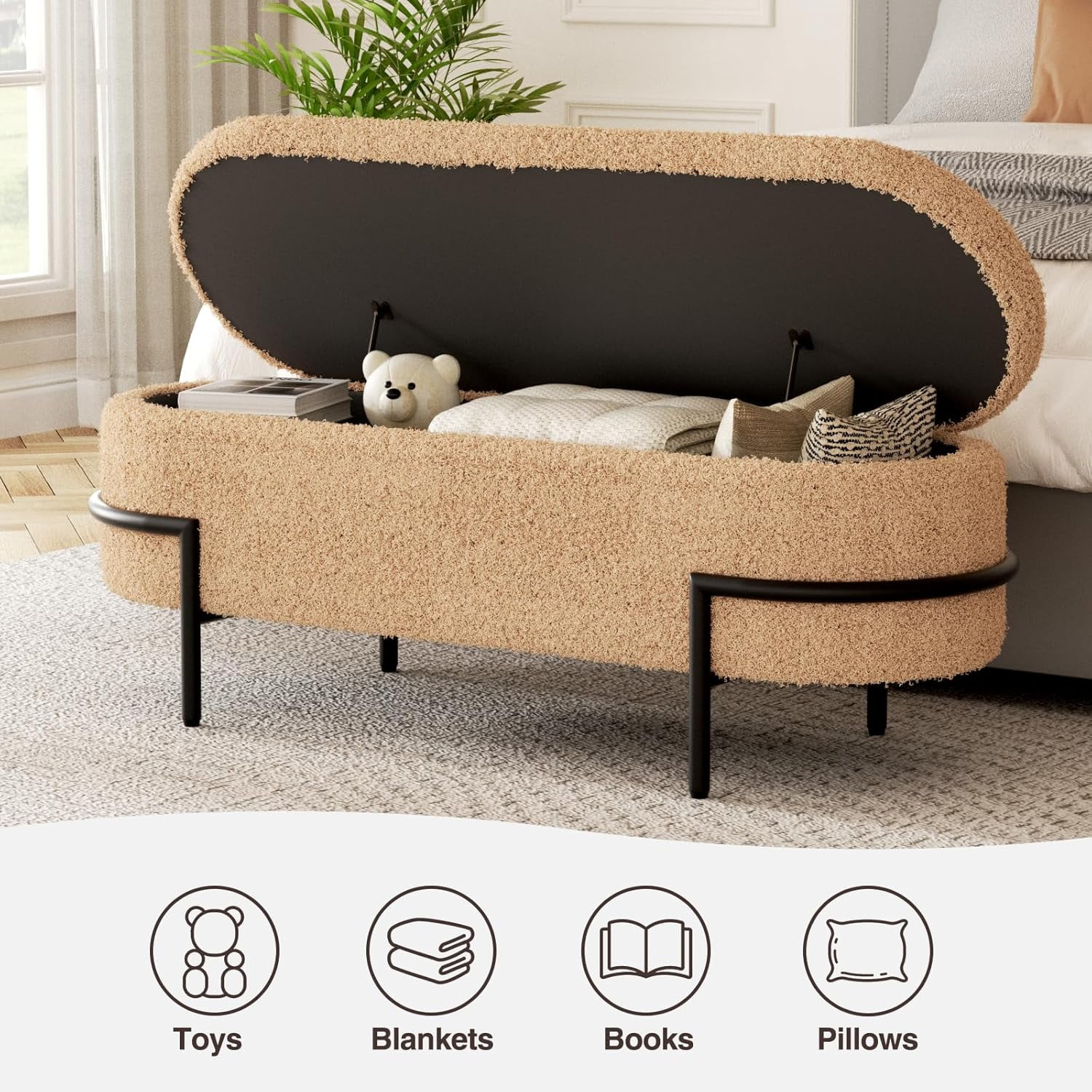 VEANERWOOD Storage Ottoman Bench Bedroom Bench Holds Up To 600lb, 45.3''Sherpa Upholstered Footstool Bench with Metal Legs for Entryway, Living Room Bedroom,