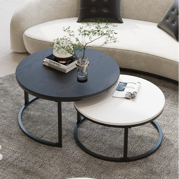 EdMaxwell Round Coffee Table, Nesting Tables Set of 2, Large : Ø 34.0", Small : Ø 26.0", Modern Design Furniture Side End Table for Living Room, Metal Frame Sofa Table Cocktail Table, Black & White
