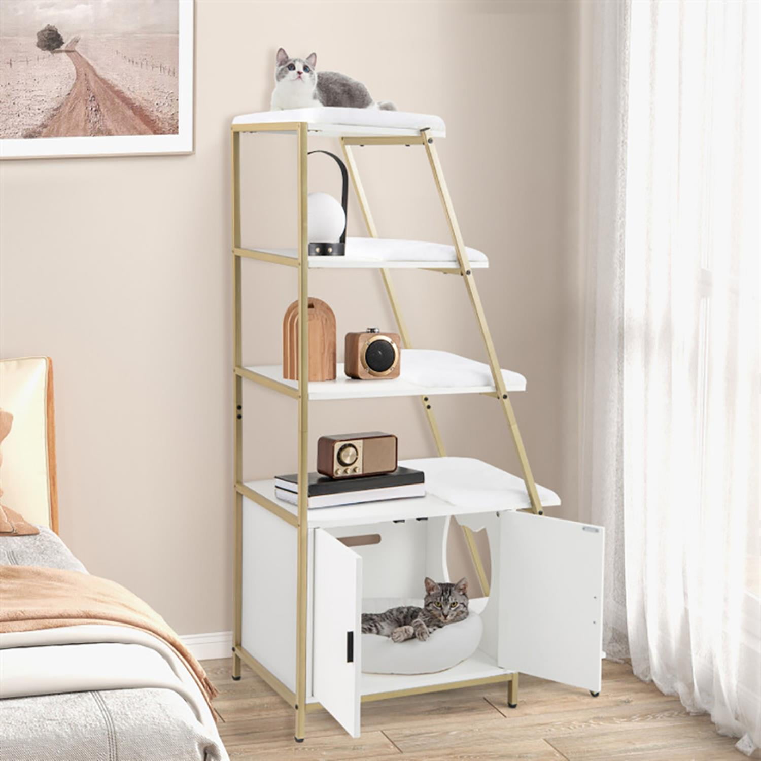 Kadyn Large Cat Litter Box Enclosure with Storage and Ladder Shelf, Hidden Litter Box for Cats, Cat House Furniture for Side Table or Nightstand, White