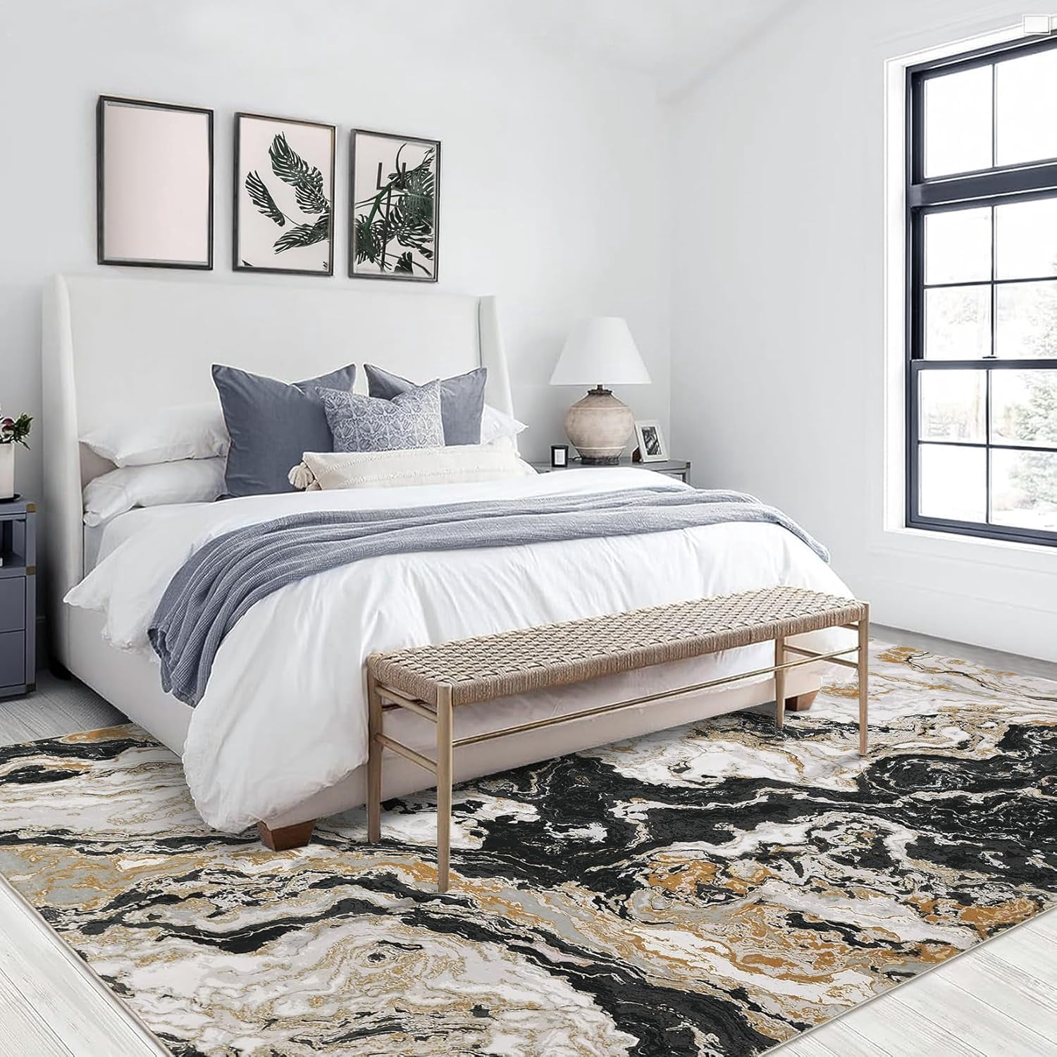 Homhougo 10x13 Washable Abstract Marble Area Rug, Soft Modern Non-Slip Luxury Carpet for Living Room, Bedroom, High Traffic Kitchen Entryway, Black